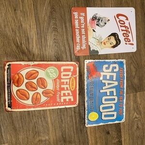 Vintage Style Coffee and Seafood Metal Signs